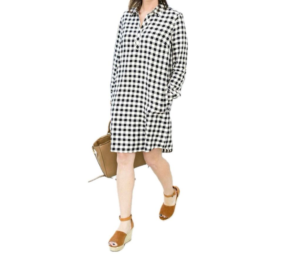 J. Jill Gingham Buffalo Plaid Checkered Tunic Rolled Sleeves Shirt Dress S Tall